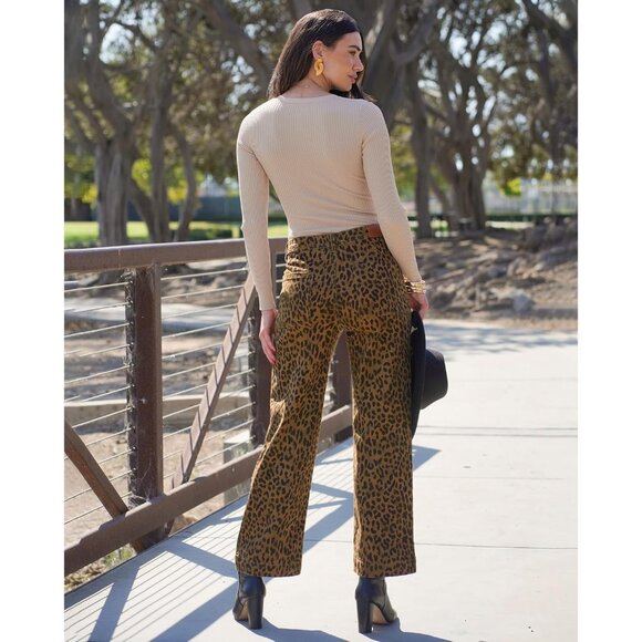 Women Wide Leg Jeans High Waist Leopard Print Ankle Length Stretchy Denim - Picture 3 of 9